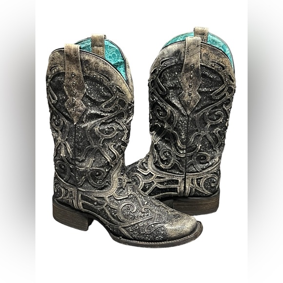 Women’s CORRAL grey sequin glitter inlay square toe cowgirl boots size 9 1/2 - Picture 5 of 15
